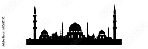 Flat style Muslim mosque silhouette.Vector illustration cartoon design.Beautiful muslim temple icon illustration.islam minaret.Eid Mubarak greetings.Ramadan Kareem.
