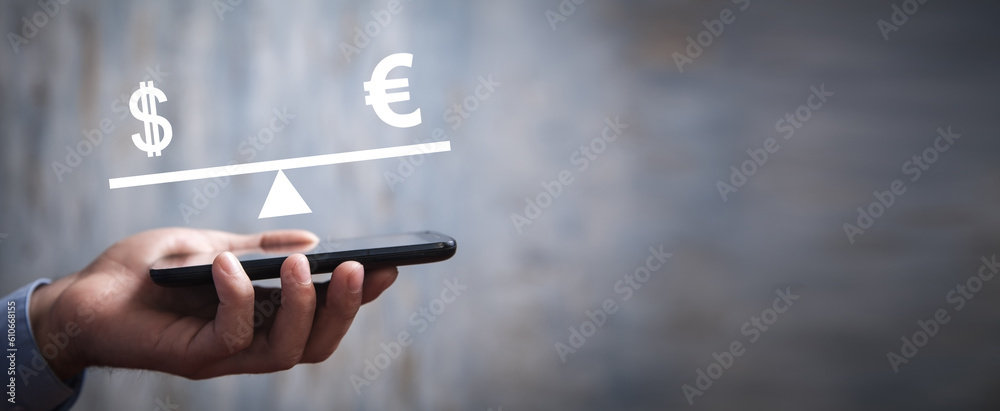 Human showing Dollar and Euro currency signs on scales. Business Human showing Dollar and Euro currency signs on scales. Business