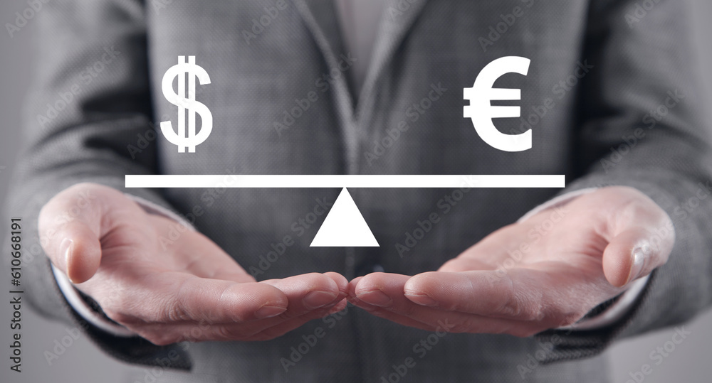 Human showing Dollar and Euro currency signs on scales. Business Human showing Dollar and Euro currency signs on scales. Business