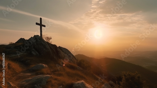 crucifixo no alto de montanha, representação de jesus vivo, fé cristã © Alexandre