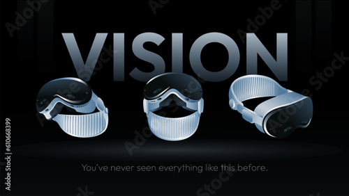 Vision Pro Futuristic VR Glasses- Discover the Future through 360 VR Modern helmet from different angles and views - Vector Illustration
