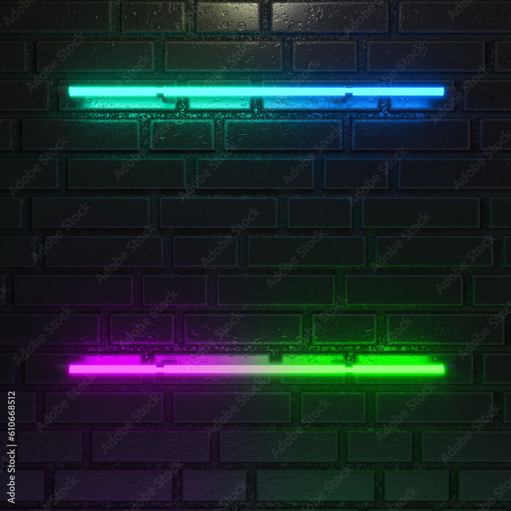 Brick wall background, neon light. 3d illustration