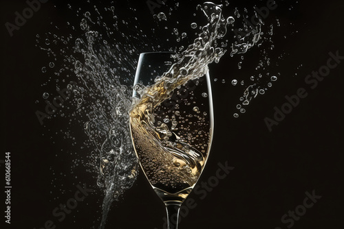 a glass of champagne with white champagne splash on dark background. Pouring champagne. Generative AI