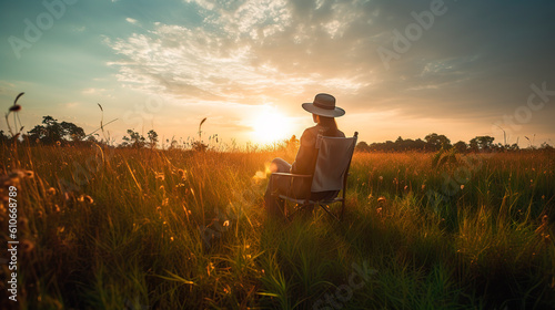 A woman in a hat sits on a chair and looks at the sunset. Generative AI © Александр Марченко