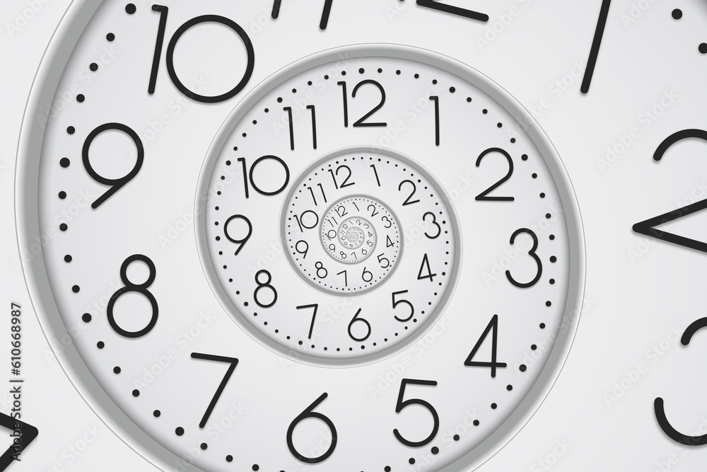 Modern minimalist abstract infinite spiral clock face. Surreal office watch twisted time concept illustration