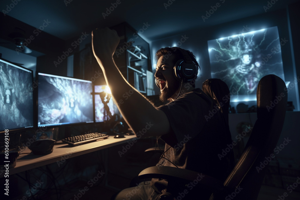 A gamer sitting in front of a computer screen, pumping their fists in celebration Generative AI A gamer sitting in front of a computer screen, pumping their fists in celebration Generative AI