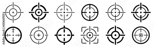 Target icons set. Gun target, focus, crosshair, reticle, viewfinder. Target destination flat and line style - stock vector.