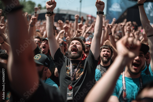 A gamer surrounded by a crowd of cheering virtual fans, holding up their hands in celebration Generative AI © Denis Yevtekhov