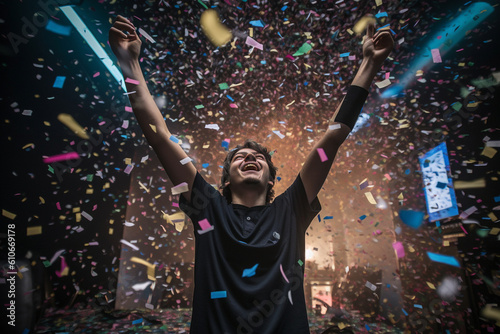 A gamer triumphantly raising their controller in the air, surrounded by confetti Generative AI photo