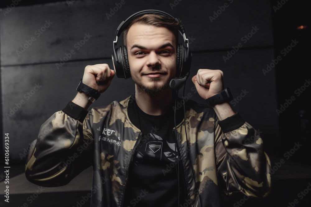 A player standing up and doing a victory pose, with their gaming headset still on Generative AI A player standing up and doing a victory pose, with their gaming headset still on Generative AI