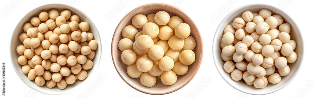 Macadamia on white bowl, aerial view with transparent background, Generative AI Technology Macadamia on white bowl, aerial view with transparent background, Generative AI Technology