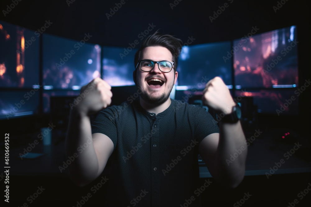 A portrait of a professional gamer standing in front of a screen displaying their victory, radiating joy Generative AI A portrait of a professional gamer standing in front of a screen displaying their victory, radiating joy Generative AI