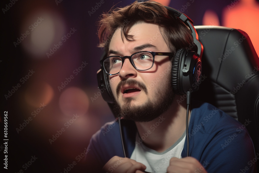 A close-up of a professional gamer's focused face transforming into pure elation after a victorious match Generative AI A close-up of a professional gamer's focused face transforming into pure elation after a victorious match Generative AI