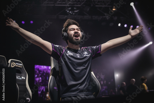 A close-up of a professional gamer's ecstatic expression as they raise their arms in victory Generative AI