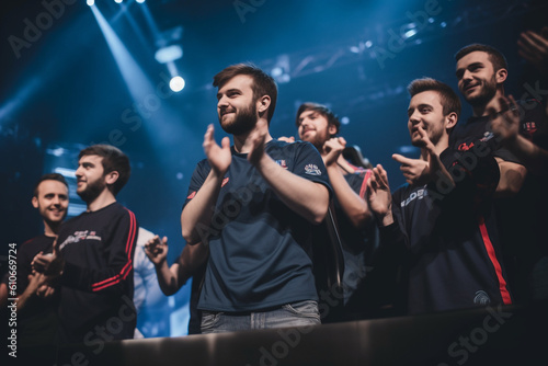 Fototapeta A portrait of a professional gamer with their team, all smiling and raising thei
