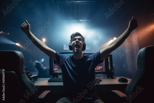 A professional gamer with arms outstretched, capturing the energy and elation of a well-deserved victory Generative AI