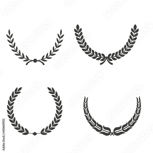 Gold laurel legend, winner award set vector illustration. Golden branch of olive leaves or stars of victory symbol, badge emblem decoration design, triumphant honor award isolated on white