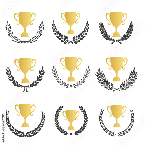 Gold laurel legend  winner award set vector illustration. Golden branch of olive leaves or stars of victory symbol  badge emblem decoration design  triumphant honor award isolated on white