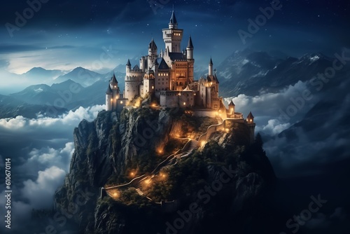 fantasy castle on a rock among mountains and clouds at night. generated ai