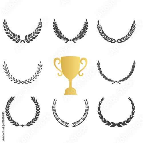 Gold laurel legend, winner award set vector illustration. Golden branch of olive leaves or stars of victory symbol, badge emblem decoration design, triumphant honor award isolated on white