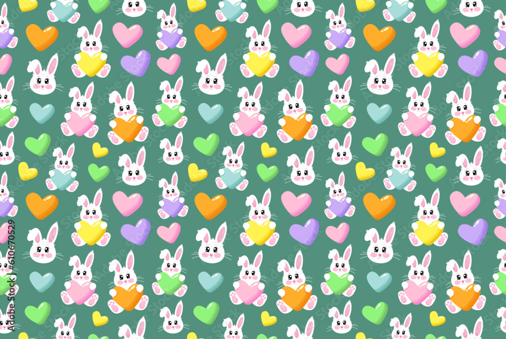 Lovely seamless pattern with happy cartoon funny kawaii little bunny with colorful hearts on green background. Cheerful design for baby, kids clothes, nursery, print and fabric Lovely seamless pattern with happy cartoon funny kawaii little bunny with colorful hearts on green background. Cheerful design for baby, kids clothes, nursery, print and fabric