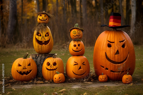 Many jack o lanterns of different types on grass in forest 