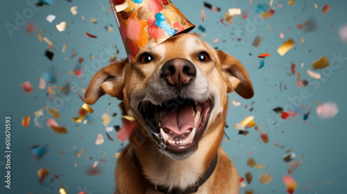 Happy dog smiling wearing hat birthday concept with flying confetti. 
