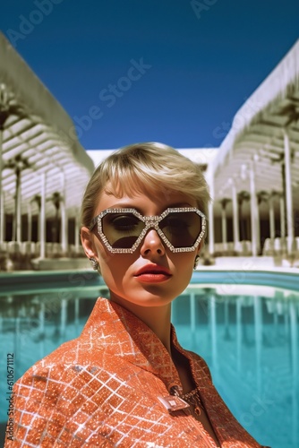 Beautiful blonde girl woman posing on the pool. Summer time, vacation, luxurious house, pastel, retro. Generated AI. Generated AI.