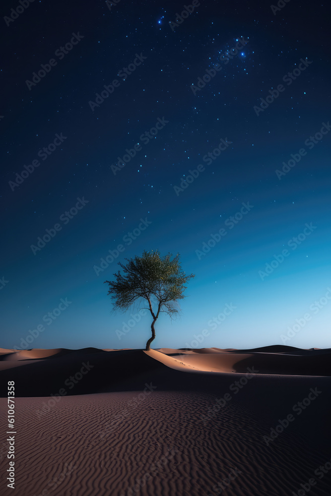 Lonely trees on the desert under the night sky. Lonely trees on the desert under the night sky.