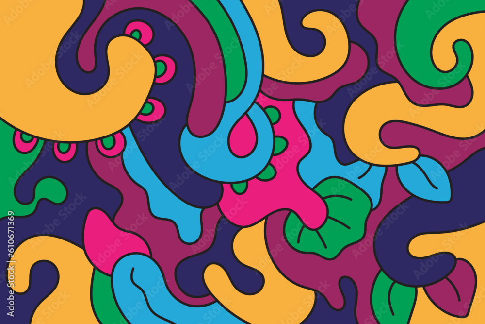 Psychedelic vector hand-drawn doodle pattern, wavy background.