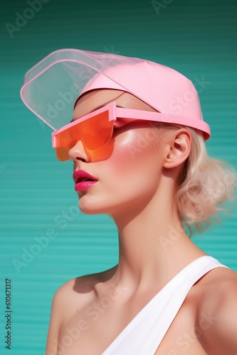 Beautiful blonde woman female girl model with futuristic hat posing on the beach with blue sky background. Summer time vacaion relax mode. LA 60s. Generated AI..