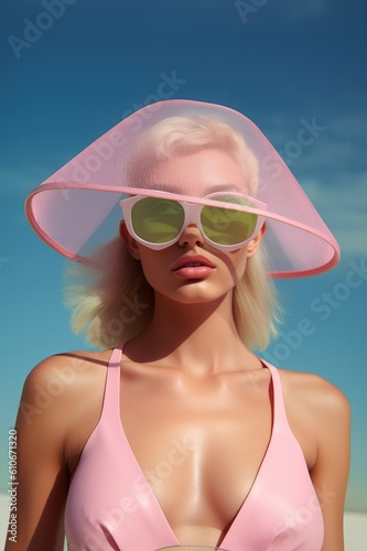 Beautiful blonde woman female girl model with futuristic hat posing on the beach with blue sky background. Summer time vacaion relax mode. LA 60s. Generated AI..