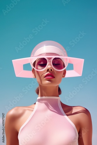 Beautiful blonde woman female girl model with futuristic hat posing on the beach with blue sky background. Summer time vacaion relax mode. LA 60s. Generated AI..