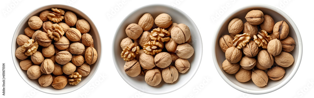 Walnuts on white bowl, aerial view with transparent background, Generative AI Technology