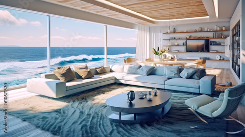 3D render, Modern Interior Ocean Concept: Embracing the Timeless Elegance and Tranquility of Aesthetics, Creating a Harmonious Fusion of Indoor and Outdoor Spaces