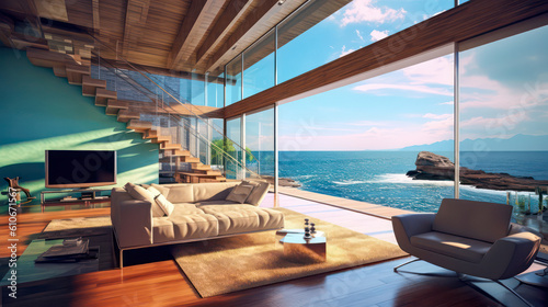 3D render  Modern Interior Ocean Concept  Embracing the Timeless Elegance and Tranquility of Aesthetics  Creating a Harmonious Fusion of Indoor and Outdoor Spaces