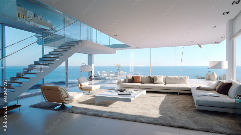 Fototapeta premium 3D render, Modern Interior Ocean Concept: Embracing the Timeless Elegance and Tranquility of Aesthetics, Creating a Harmonious Fusion of Indoor and Outdoor Spaces