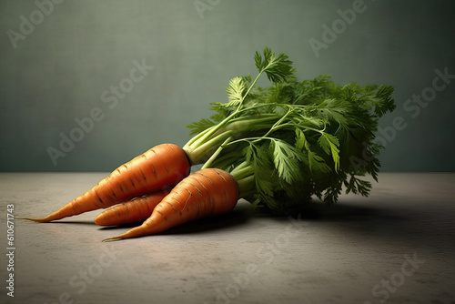 A bunch of fresh carrots with green leaves on a dark table surface.