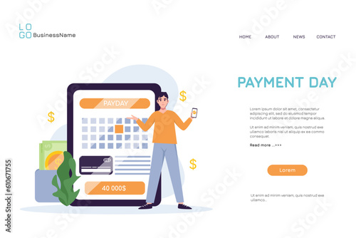 Payment calendar with coin. Illustration of happy women after get money for payday concept