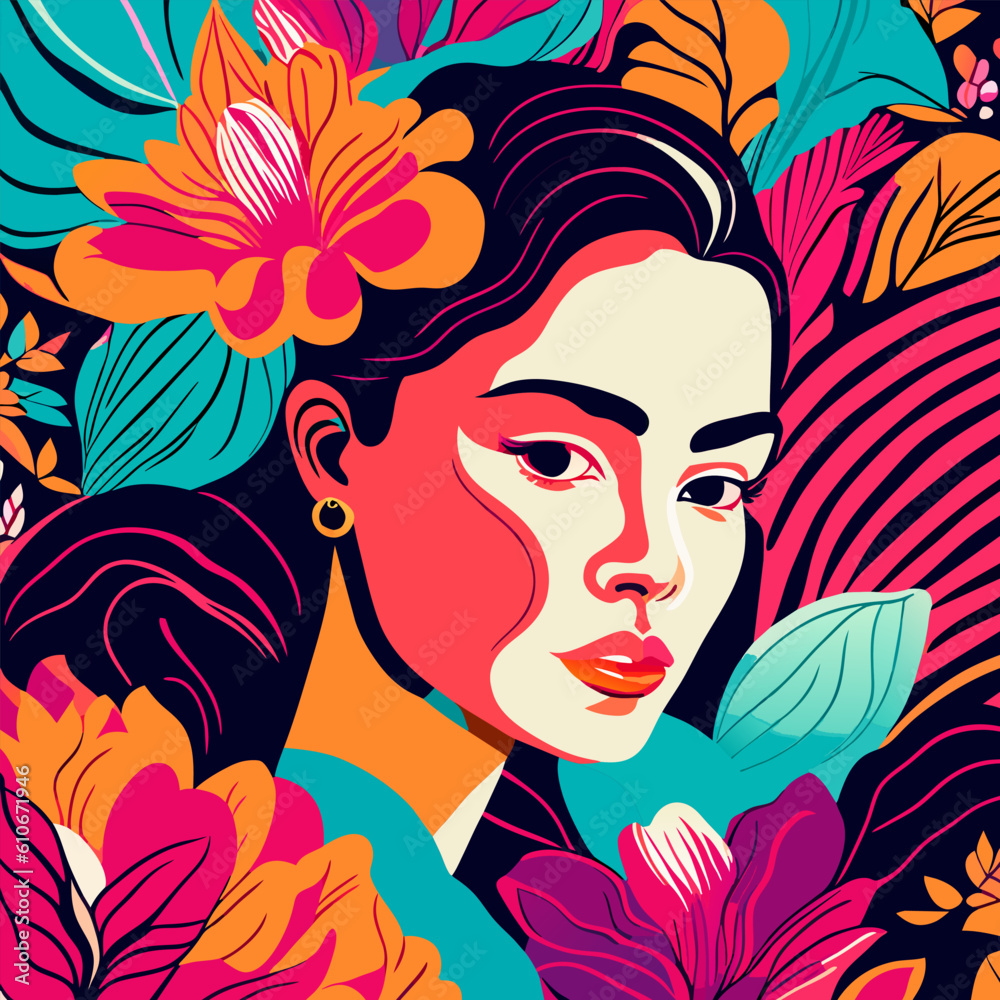 Beautiful face of a girl with black hair in flowers Beautiful face of a girl with black hair in flowers