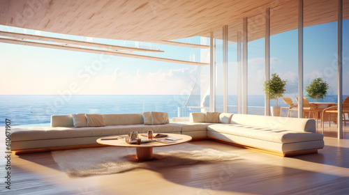 3D render, Modern Interior Ocean Concept: Embracing the Timeless Elegance and Tranquility of Aesthetics, Creating a Harmonious Fusion of Indoor and Outdoor Spaces © Nuchjara