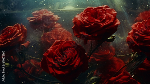 AI Generated Red roses behind a veil of steamy glass. crimson roses caressed by misty breath, glistening petals on steam-kissed glass. 