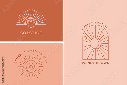 Bohemian linear sun logos, icons and symbols, minimalist arc and window design templates, geometric abstract design elements for decoration.