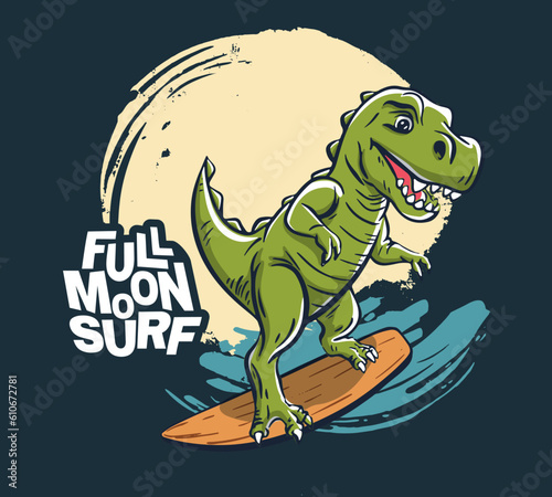 Dinosaur night surfer cool summer t-shirt print. T-rex midnight ride surfboard on big wave