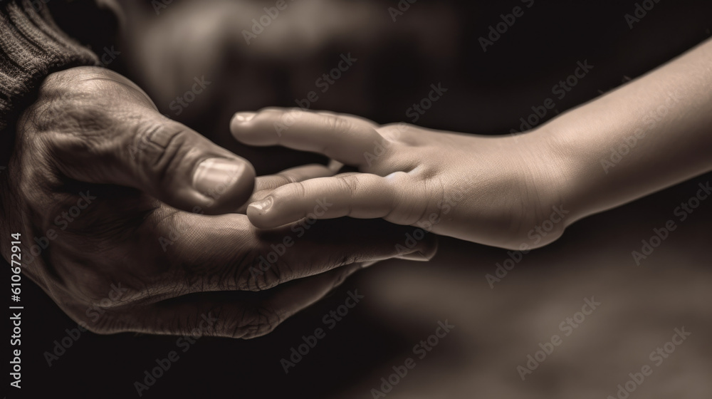 Heartwarming Moment of an Elder Man Holding the Hand of a Child. Portrays Protection, Love, Affection, and Support. With Licensed Generative AI Technology Assistance.