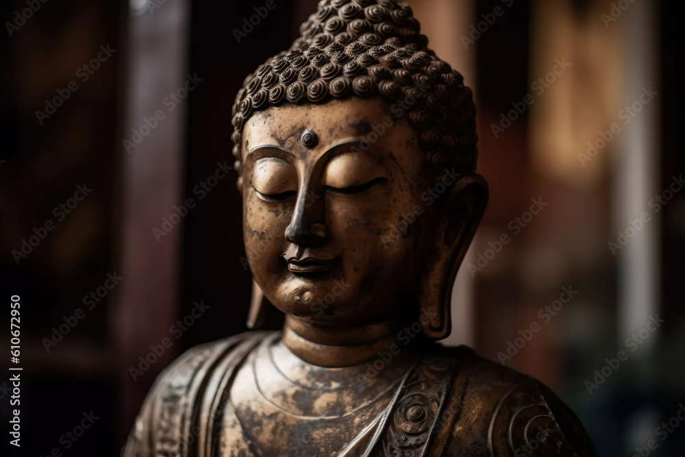 Spiritual awakening. Statue of Buddha in temple and a small meditation. Zen spiritual ritual meditating white face of brown Buddha, dark background. Religion concept, esoterics. Generative AI.