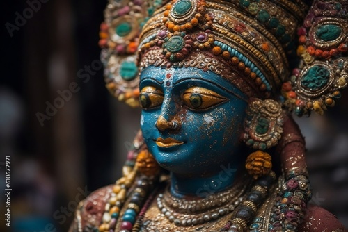 Close-up of colorful statue of vishnu hindu god in temple. Saraswati devi Goddess, Happy Vasant Panchami Indian festival, Goddess Maa Saraswati, Indian God. Created with Generative AI Technology. © Valeriia