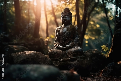 Statue of Buddha in morning a forest. Zen spiritual ritual meditating white face of brown Buddha  green background. Spiritual calmness and awakening. Religion concept  esoterics. Generative AI.