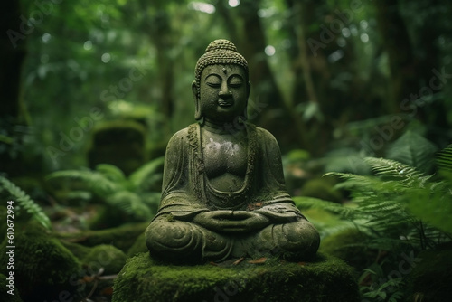 Buddha statue in a blurred green bamboo zen jungle, friendly peaceful tropical environment, fresh natural spa asian wallpaper. Mindfulness, wellness, and Inspiring concept. Generative AI Technology