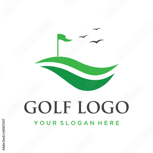 Golf ball and stick and golf course logo template design. Logo for professional golf team, golf club, tournament, business, event.